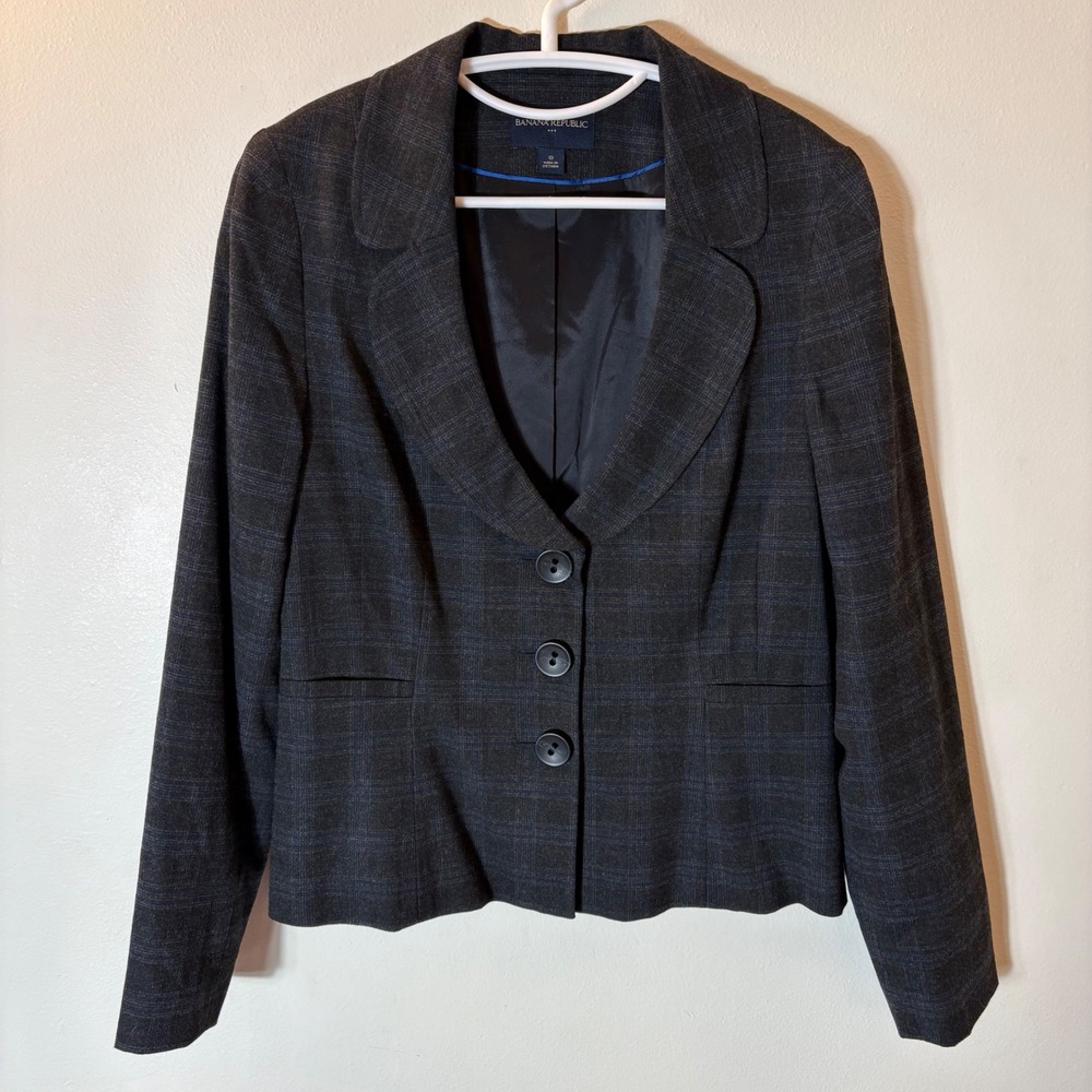 Banana Republic Plaid Blazer Charcoal Grey Blue Size 10